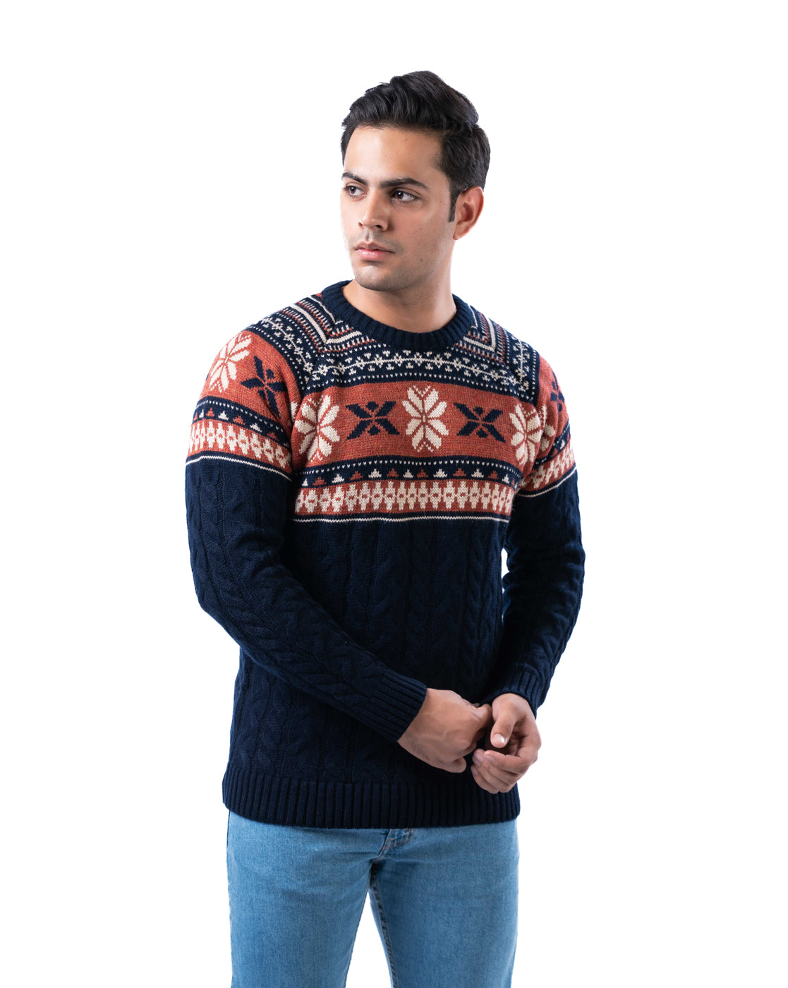 Men’s Navy Acrowool Aztec Crew Neck Pullover with Jacquard and Cable Knit Design