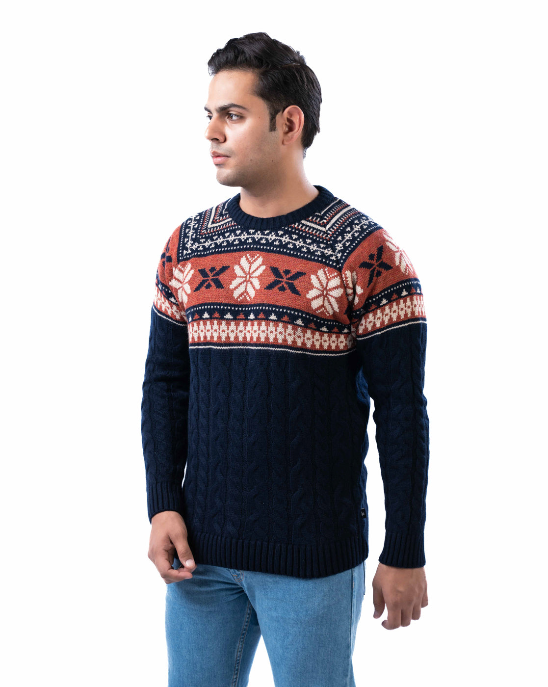 Men’s Navy Acrowool Aztec Crew Neck Pullover with Jacquard and Cable Knit Design