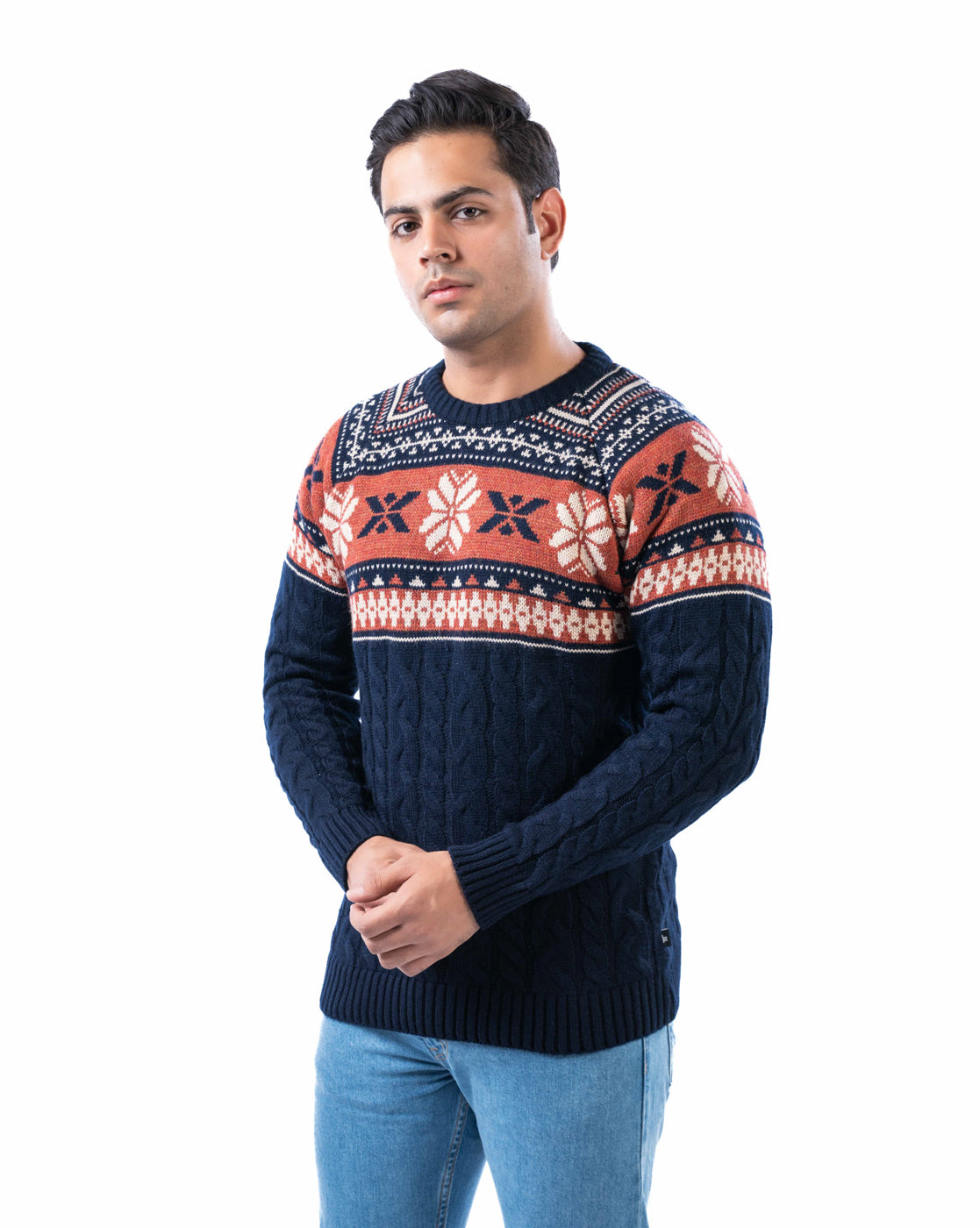 Men’s Navy Acrowool Aztec Crew Neck Pullover with Jacquard and Cable Knit Design