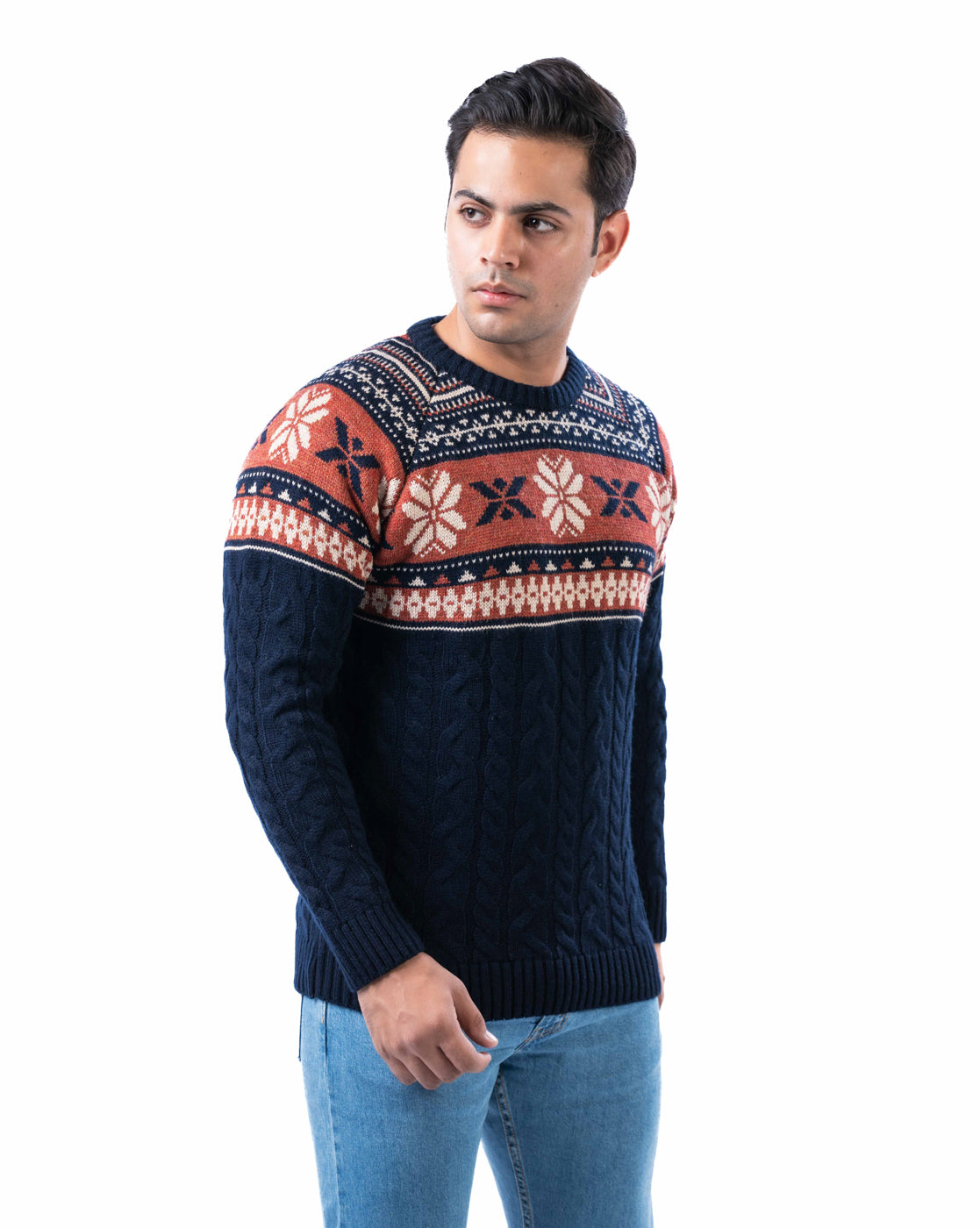 Men’s Navy Acrowool Aztec Crew Neck Pullover with Jacquard and Cable Knit Design