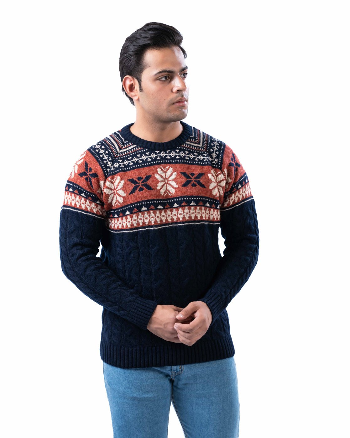 Men’s Navy Acrowool Aztec Crew Neck Pullover with Jacquard and Cable Knit Design
