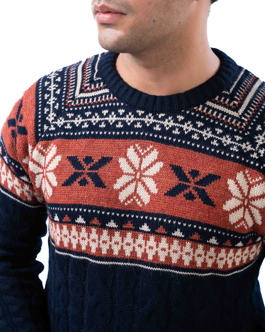 Men’s Navy Acrowool Aztec Crew Neck Pullover with Jacquard and Cable Knit Design