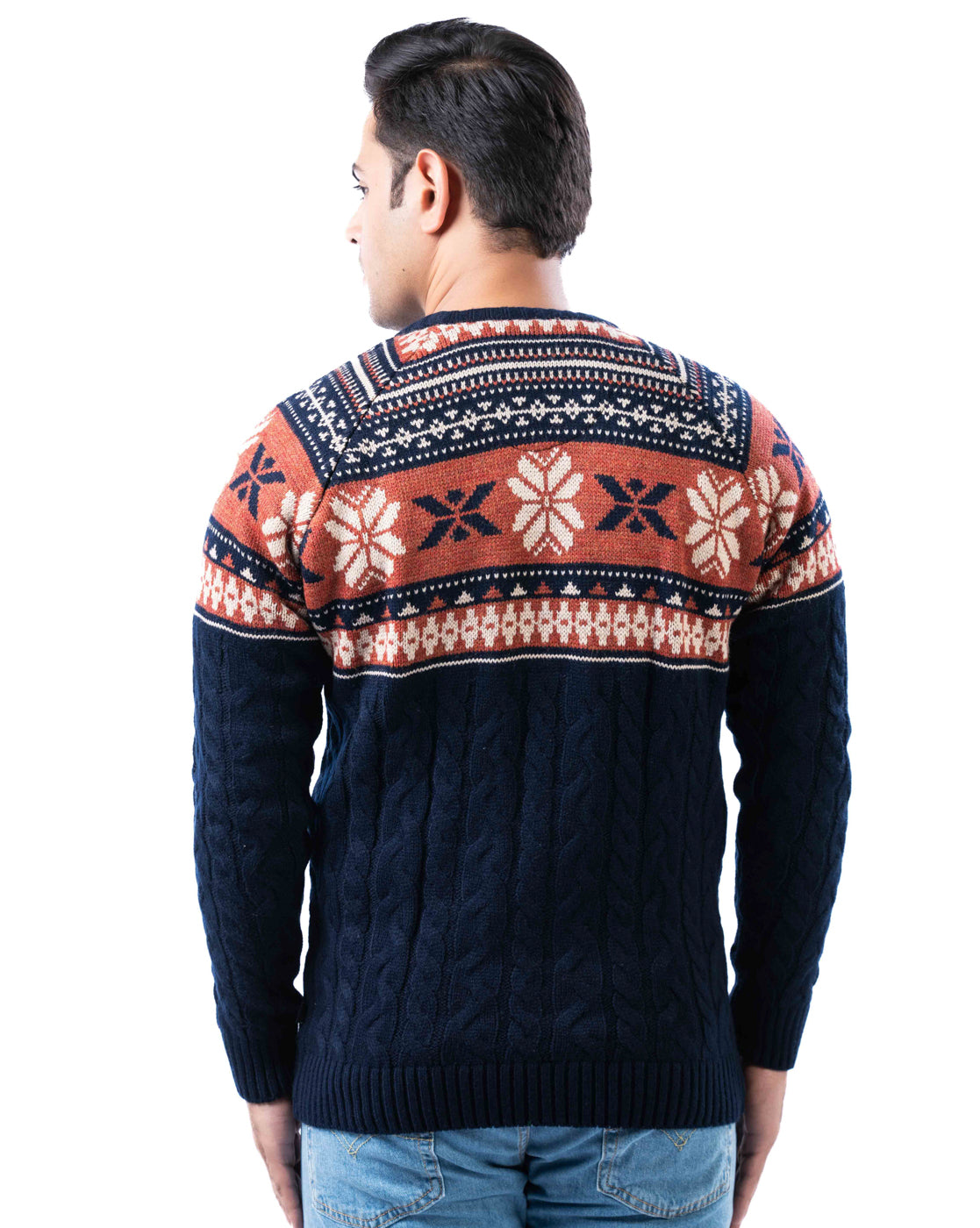 Men’s Navy Acrowool Aztec Crew Neck Pullover with Jacquard and Cable Knit Design