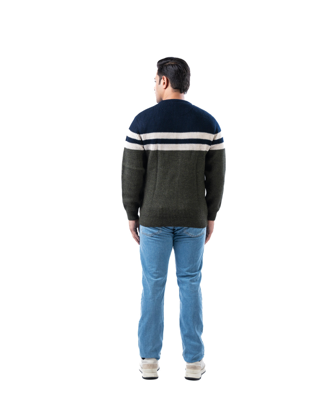 Men’s Olive Acrowool Solid Pullover with Striped Crew Neck and Side Loop Label