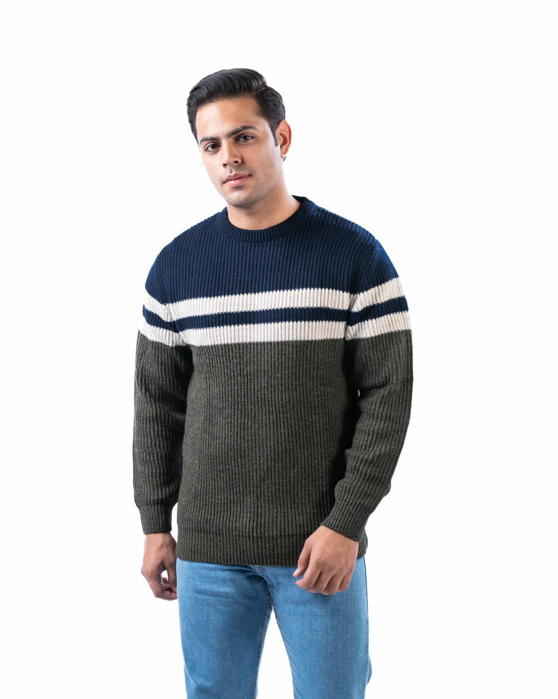 Men’s Olive Acrowool Solid Pullover with Striped Crew Neck and Side Loop Label