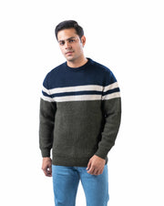 Men’s Olive Acrowool Solid Pullover with Striped Crew Neck and Side Loop Label