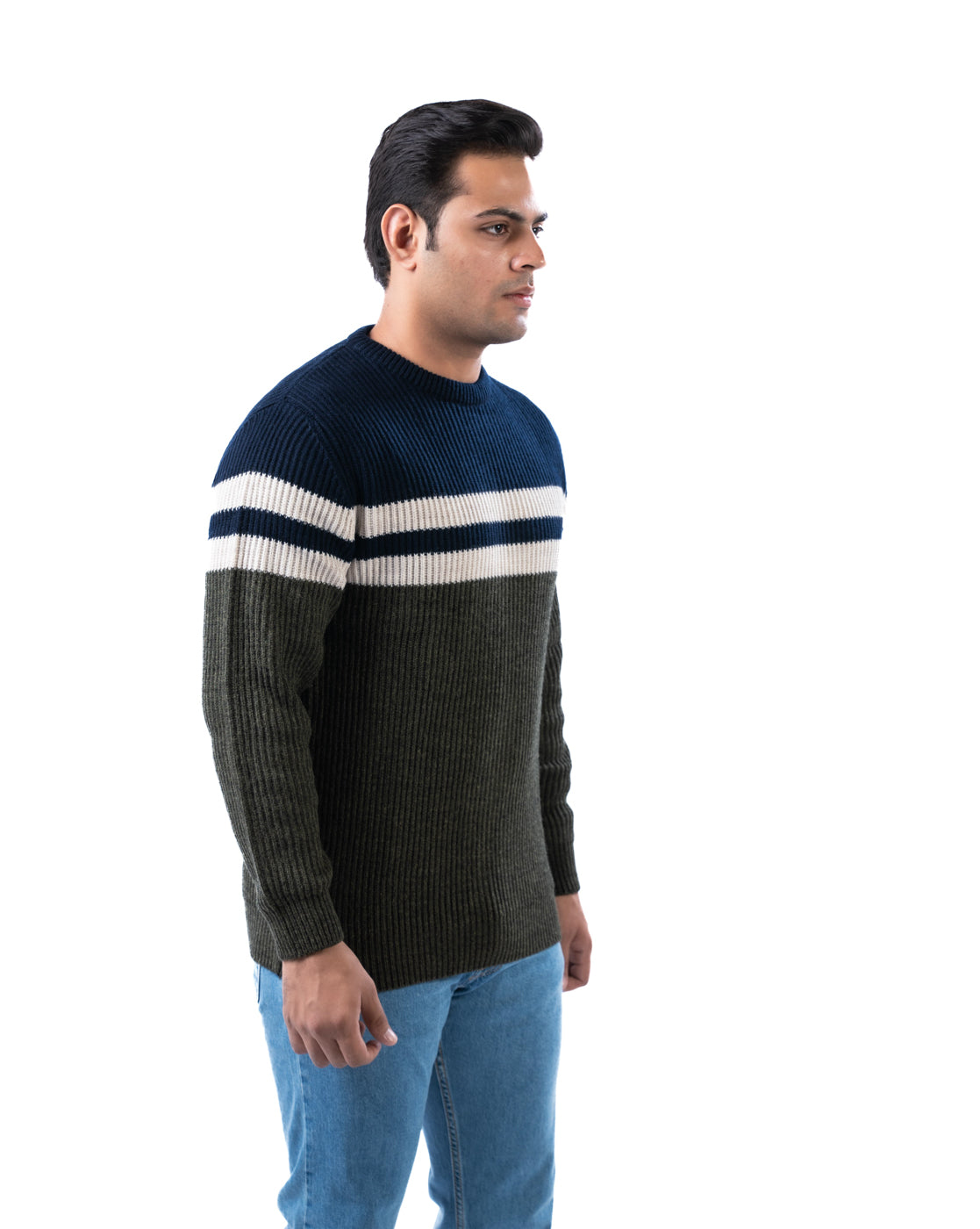 Men’s Olive Acrowool Solid Pullover with Striped Crew Neck and Side Loop Label