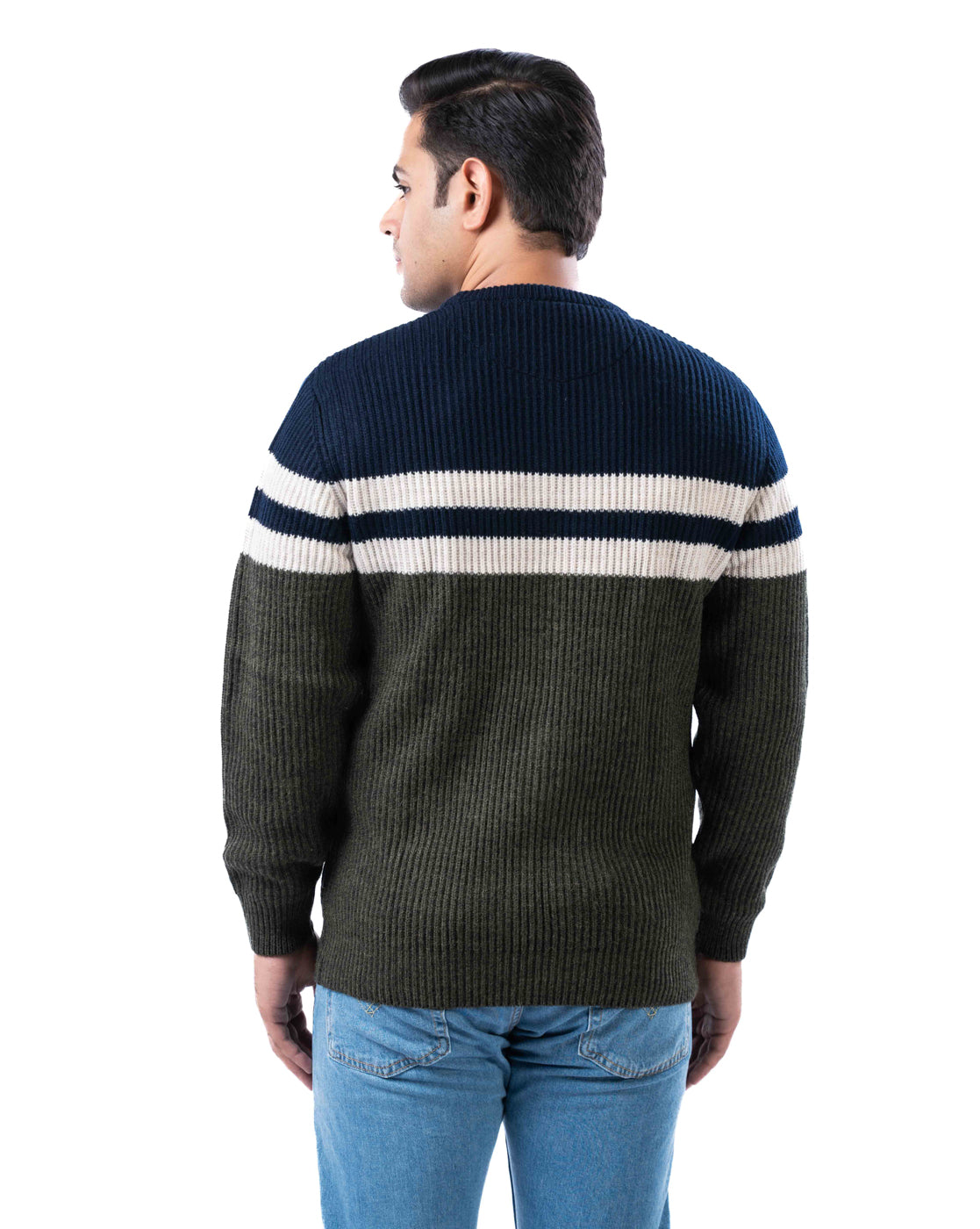 Men’s Olive Acrowool Solid Pullover with Striped Crew Neck and Side Loop Label
