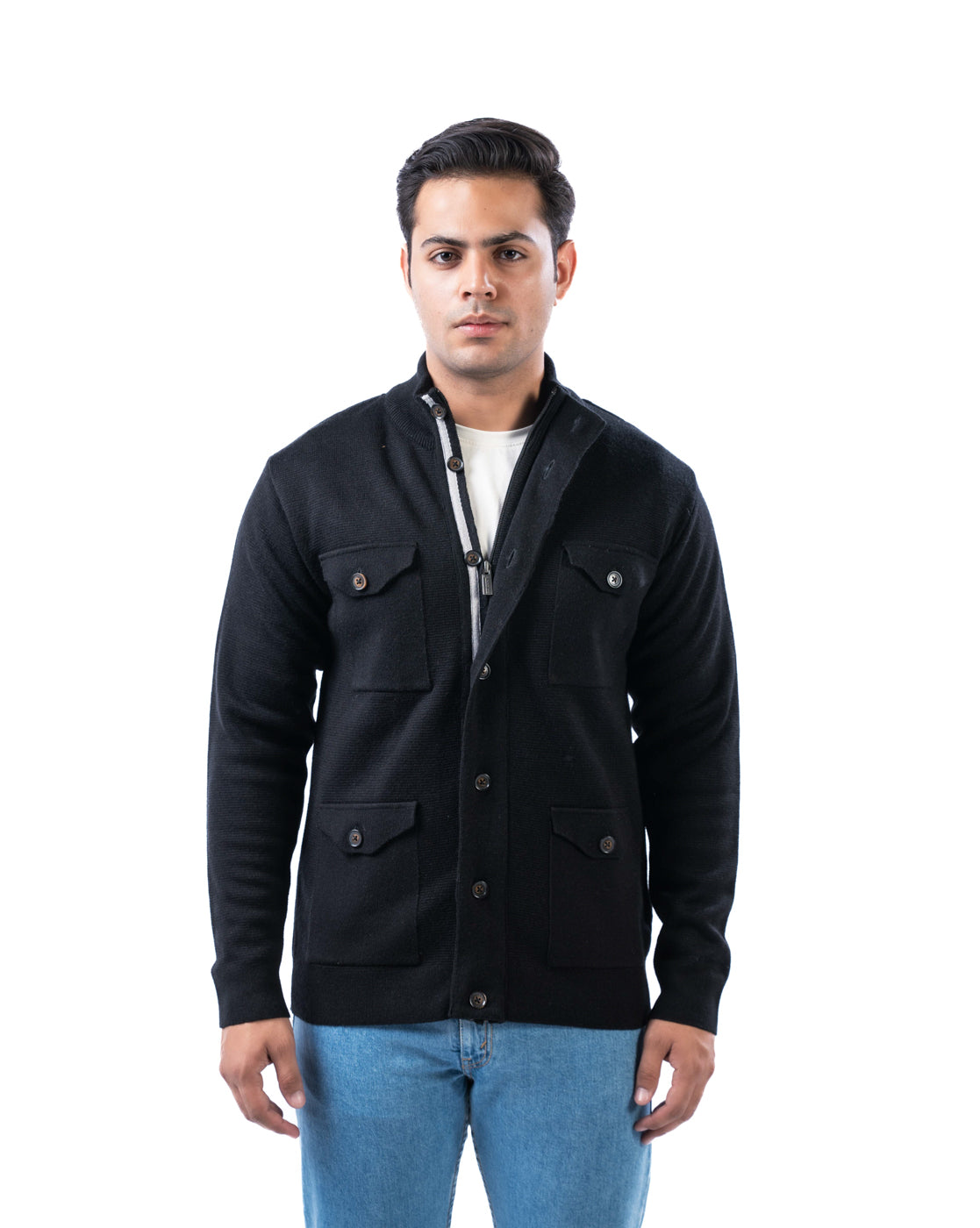 Men’s Black Textured Acrowool Pullover with T-Neck & Chest Pocket
