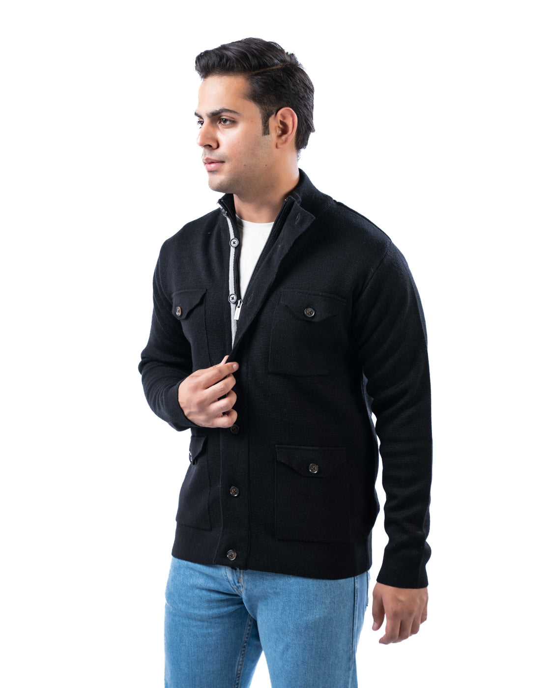 Men’s Black Textured Acrowool Pullover with T-Neck & Chest Pocket