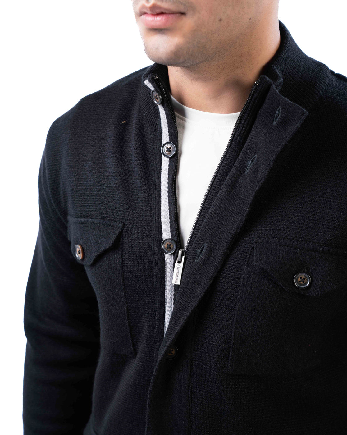 Men’s Black Textured Acrowool Pullover with T-Neck & Chest Pocket