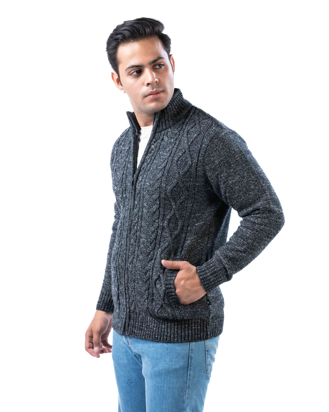 Men’s Dark Multicolor Polyamide Cardigan with Zipper Closure and Side Pockets