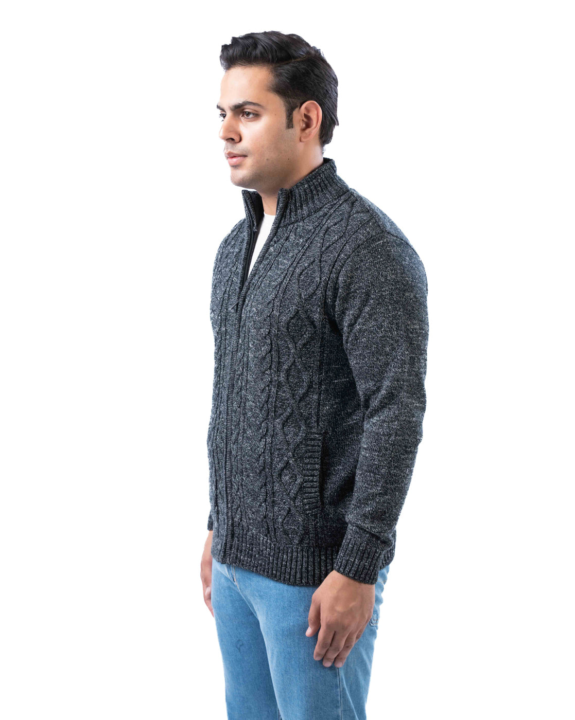 Men’s Dark Multicolor Polyamide Cardigan with Zipper Closure and Side Pockets