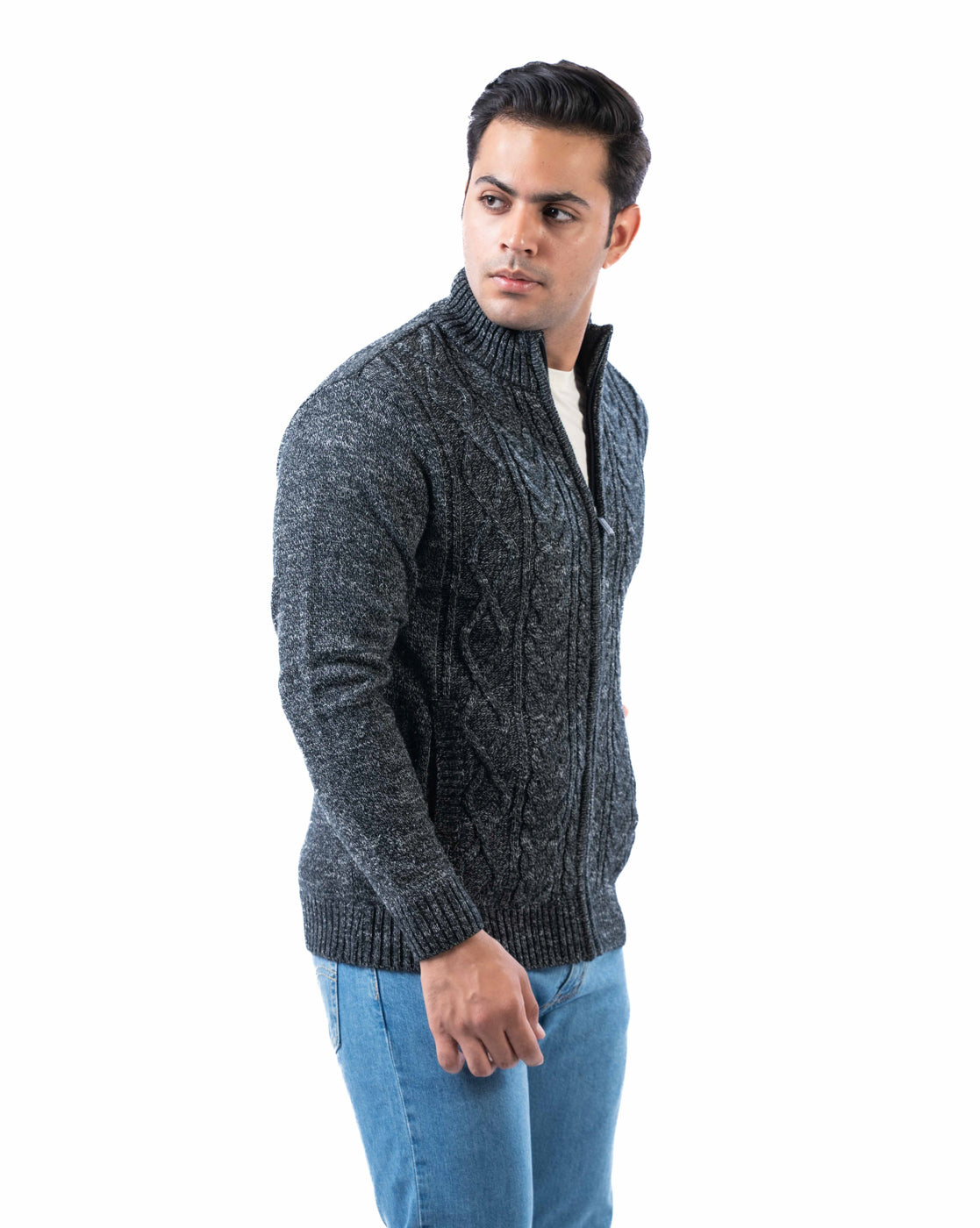 Men’s Dark Multicolor Polyamide Cardigan with Zipper Closure and Side Pockets