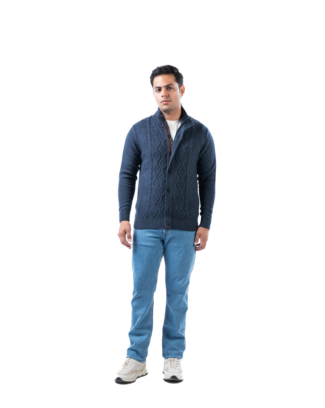 Men’s Blue Self-Design Acrowool Cardigan with Suede-Lined Placket