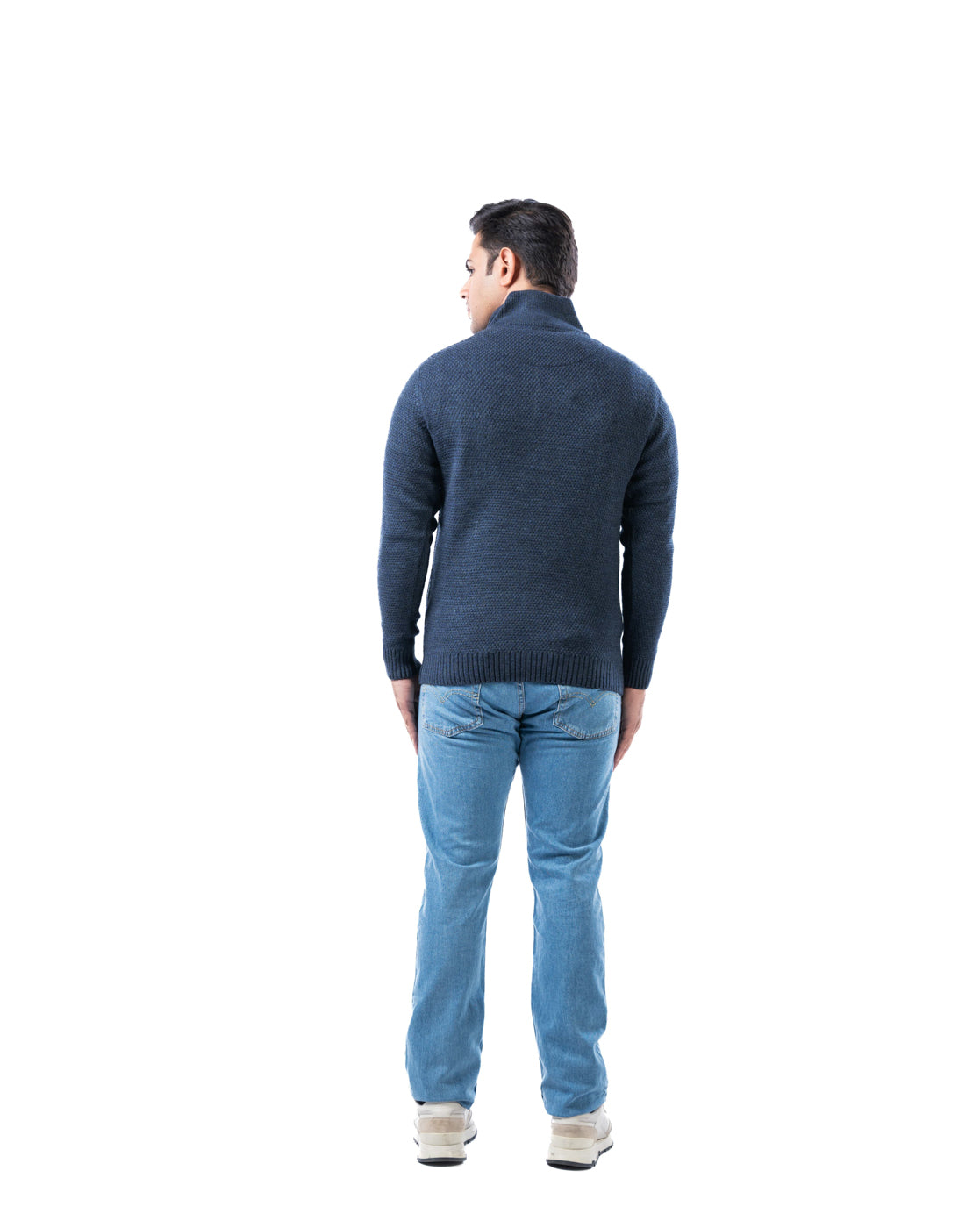 Men’s Blue Self-Design Acrowool Cardigan with Suede-Lined Placket