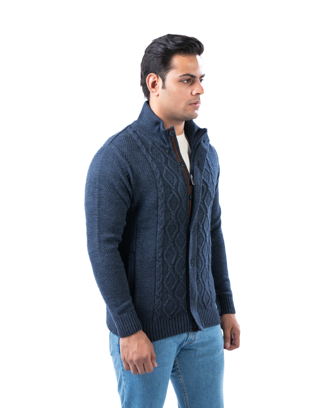 Men’s Blue Self-Design Acrowool Cardigan with Suede-Lined Placket