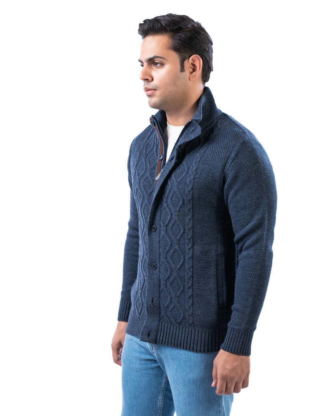 Men’s Blue Self-Design Acrowool Cardigan with Suede-Lined Placket