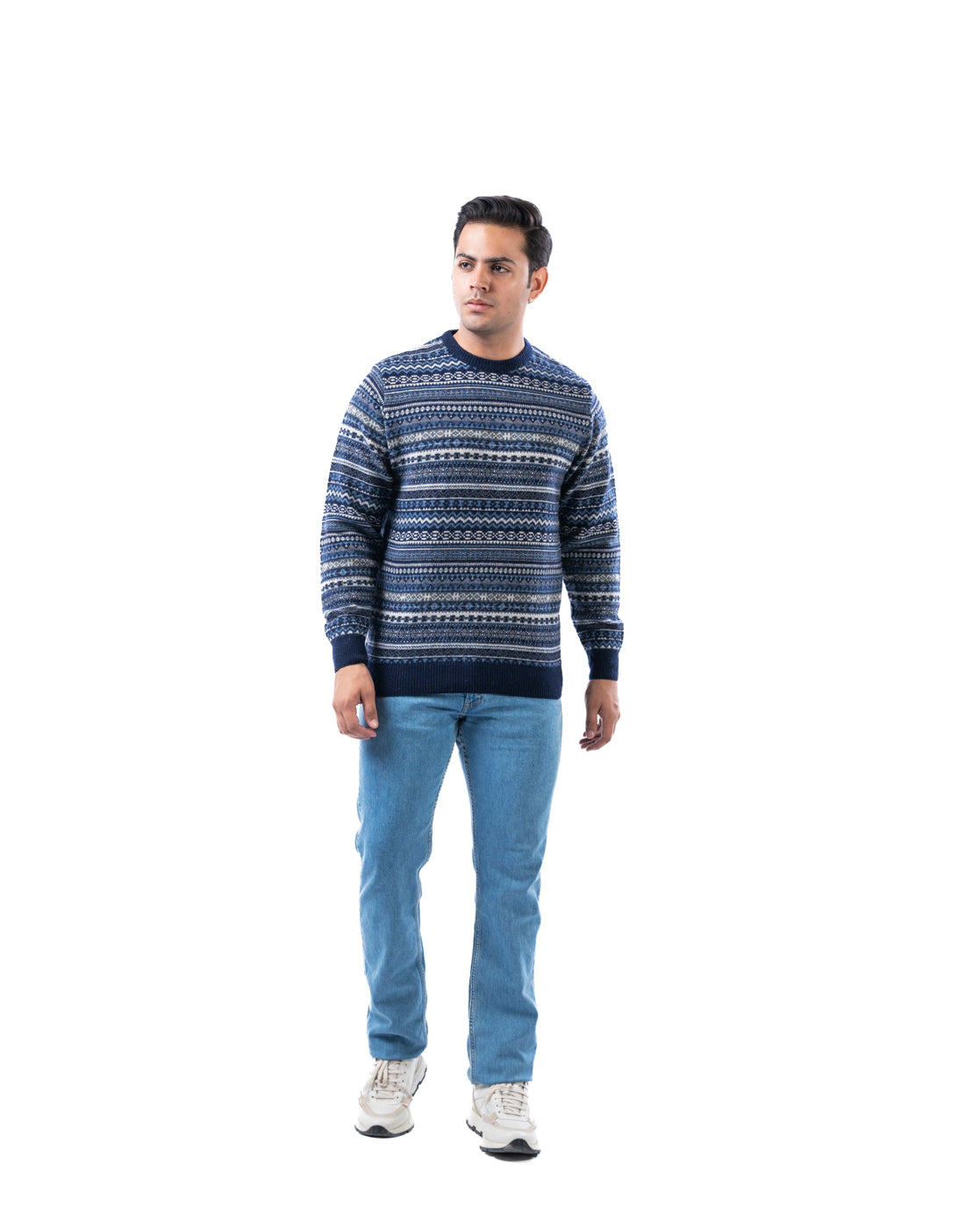 Men’s Blue Lambswool Aztec Pullover Sweater
