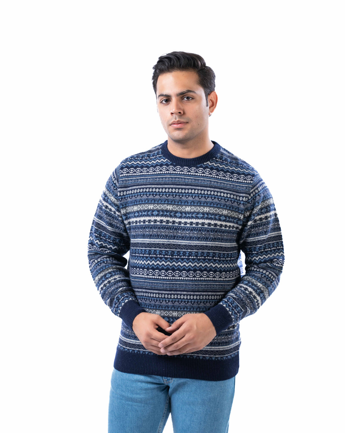 Men’s Blue Lambswool Aztec Pullover Sweater