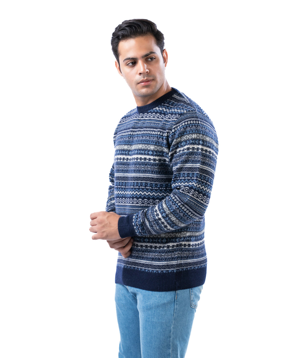 Men’s Blue Lambswool Aztec Pullover Sweater