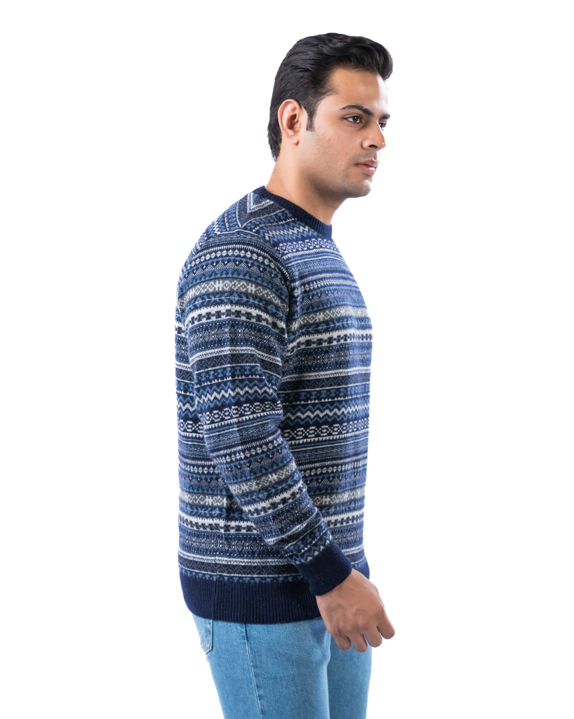Men’s Blue Lambswool Aztec Pullover Sweater