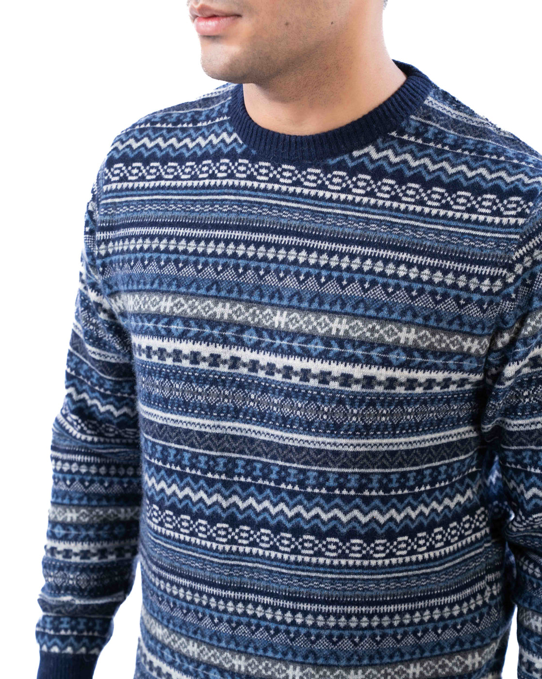 Men’s Blue Lambswool Aztec Pullover Sweater