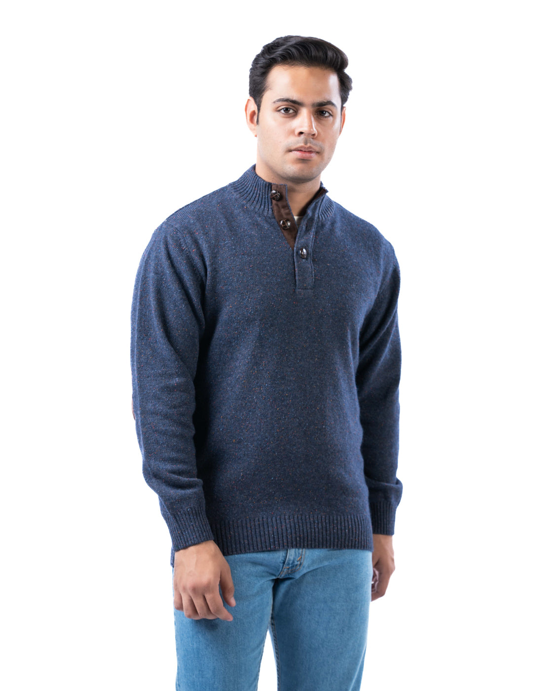 Men’s Navy Lambswool Pullover with Half Placket and Suede Elbow Patches