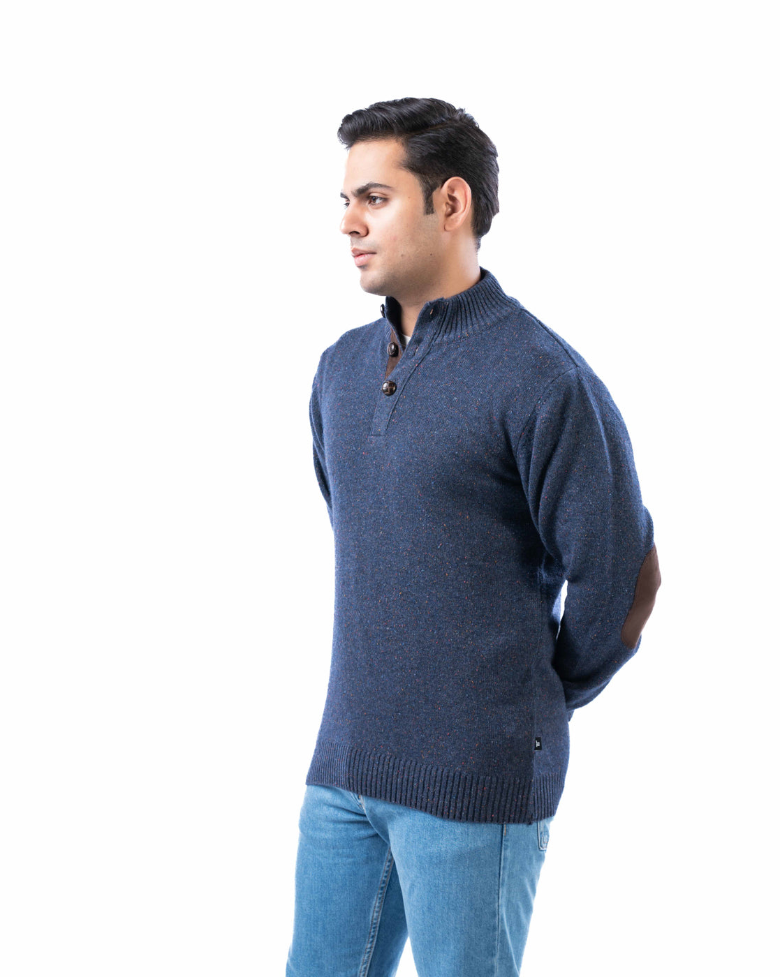 Men’s Navy Lambswool Pullover with Half Placket and Suede Elbow Patches