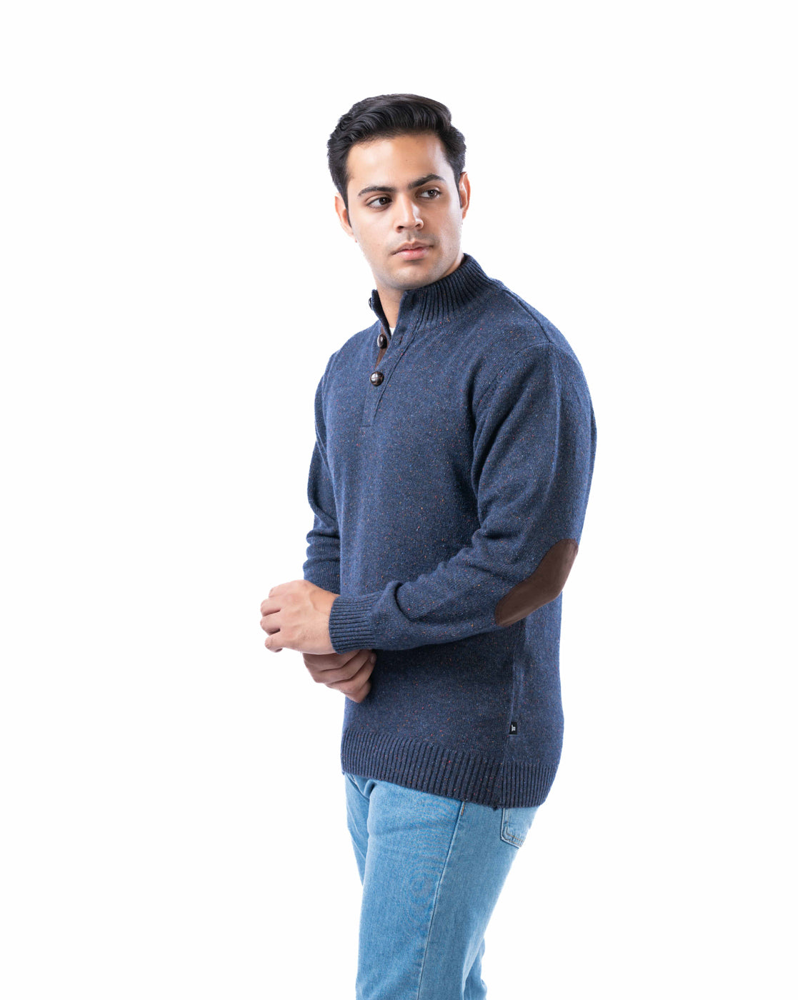 Men’s Navy Lambswool Pullover with Half Placket and Suede Elbow Patches