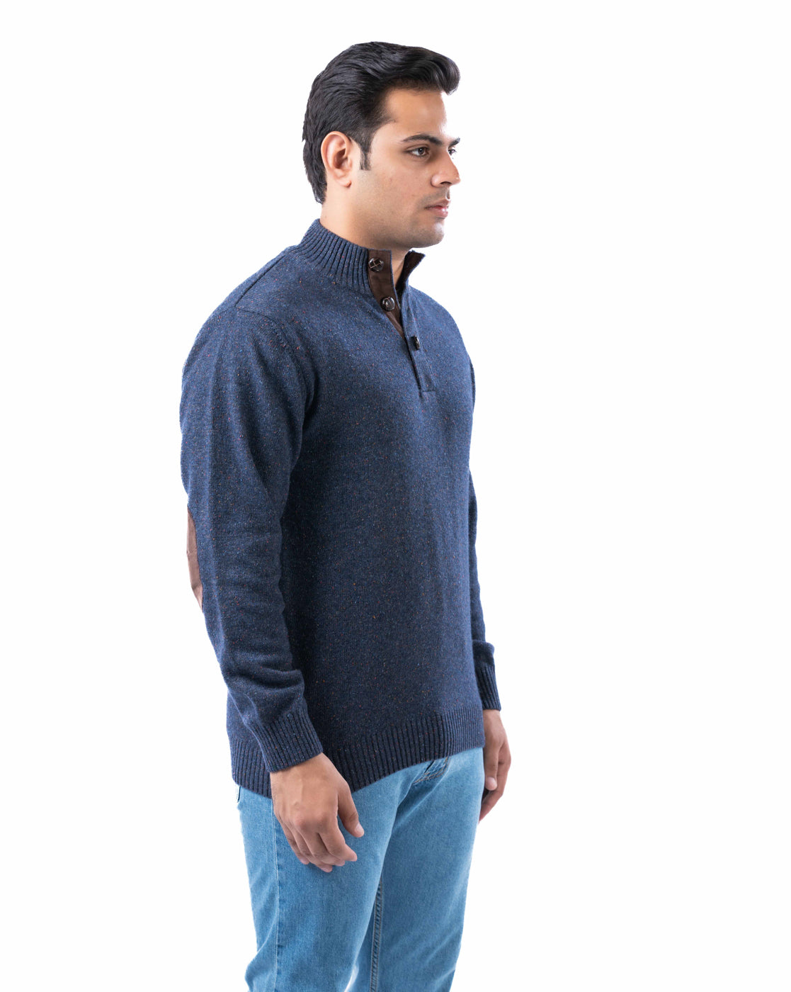 Men’s Navy Lambswool Pullover with Half Placket and Suede Elbow Patches