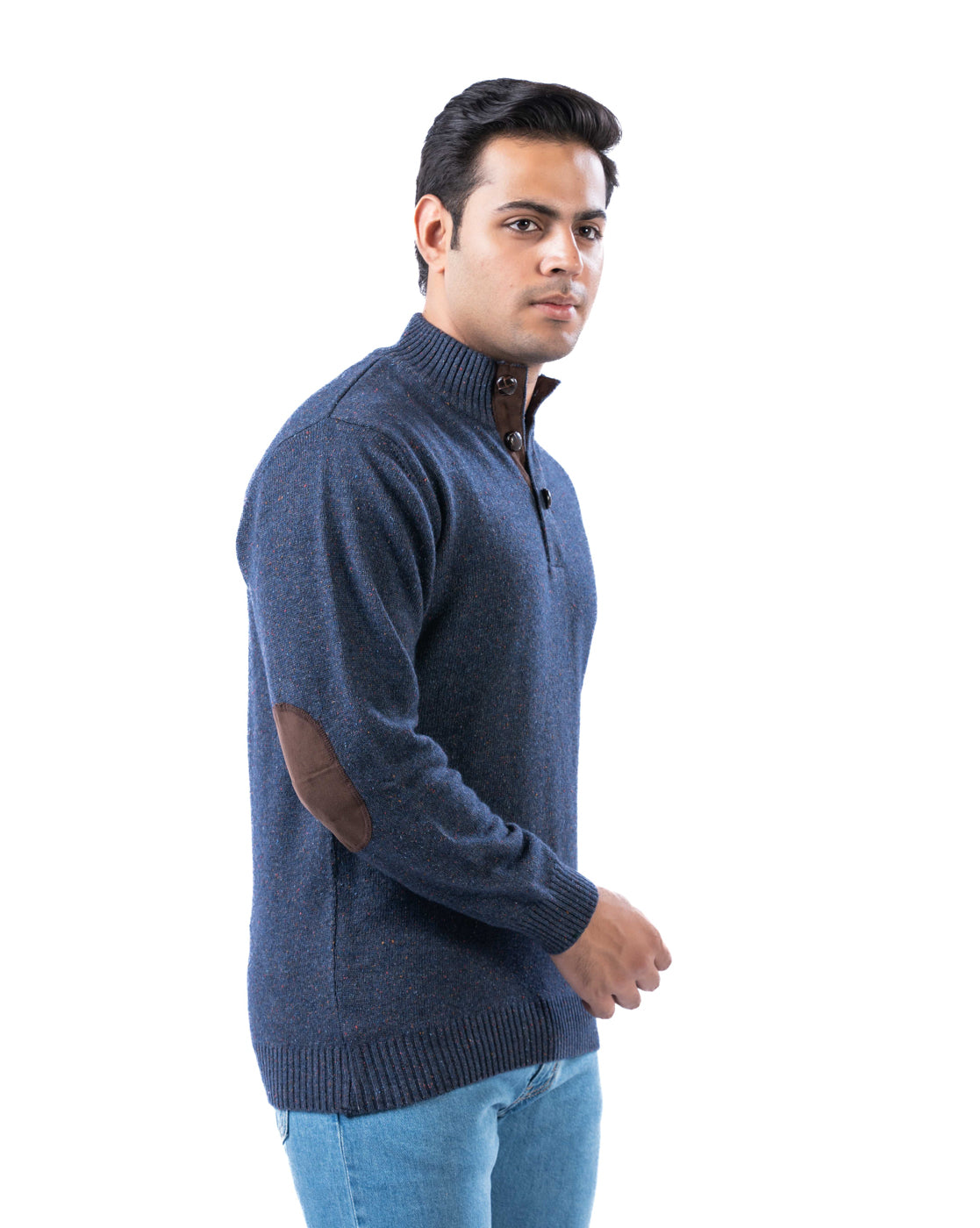 Men’s Navy Lambswool Pullover with Half Placket and Suede Elbow Patches