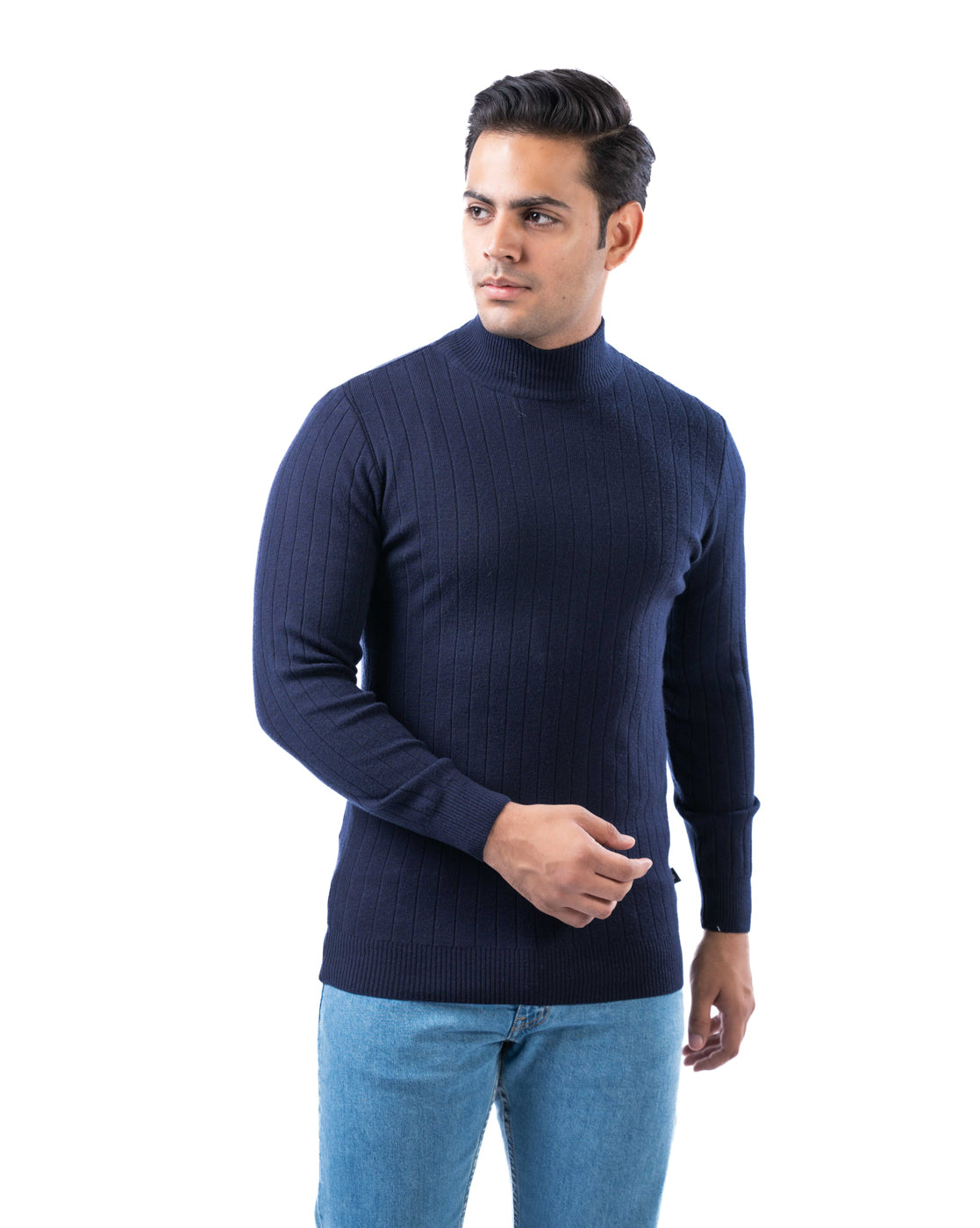 Men’s Navy T-Neck Pullover Sweater in Polyamide Blend with Side Loop Label