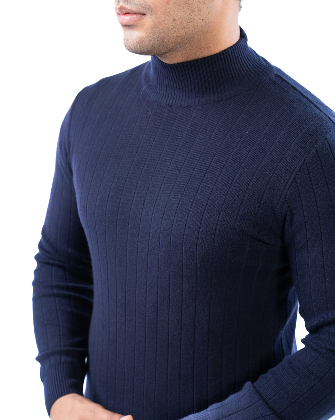 Men’s Navy T-Neck Pullover Sweater in Polyamide Blend with Side Loop Label