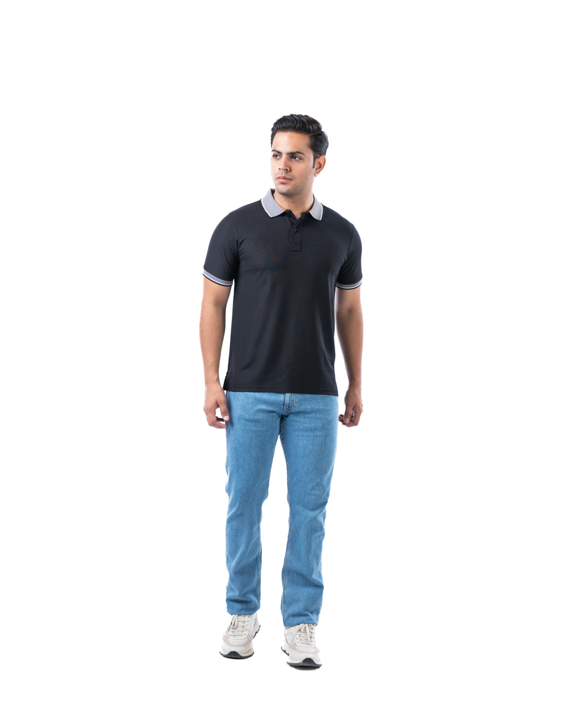 Men’s Black Polo T-Shirt – Self Design Stretch Polyester