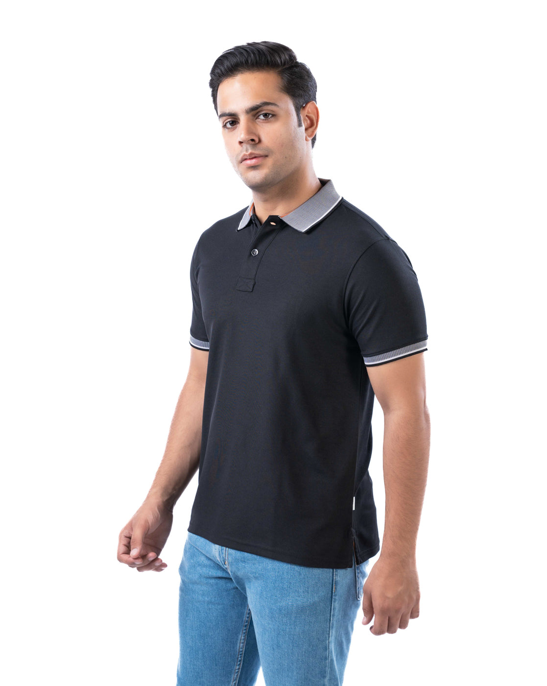 Men’s Black Polo T-Shirt – Self Design Stretch Polyester