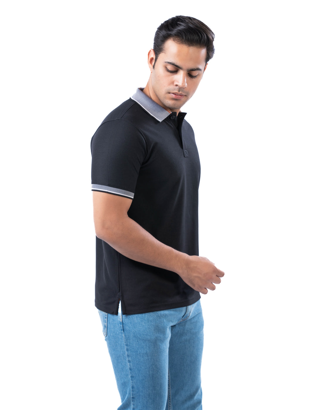 Men’s Black Polo T-Shirt – Self Design Stretch Polyester