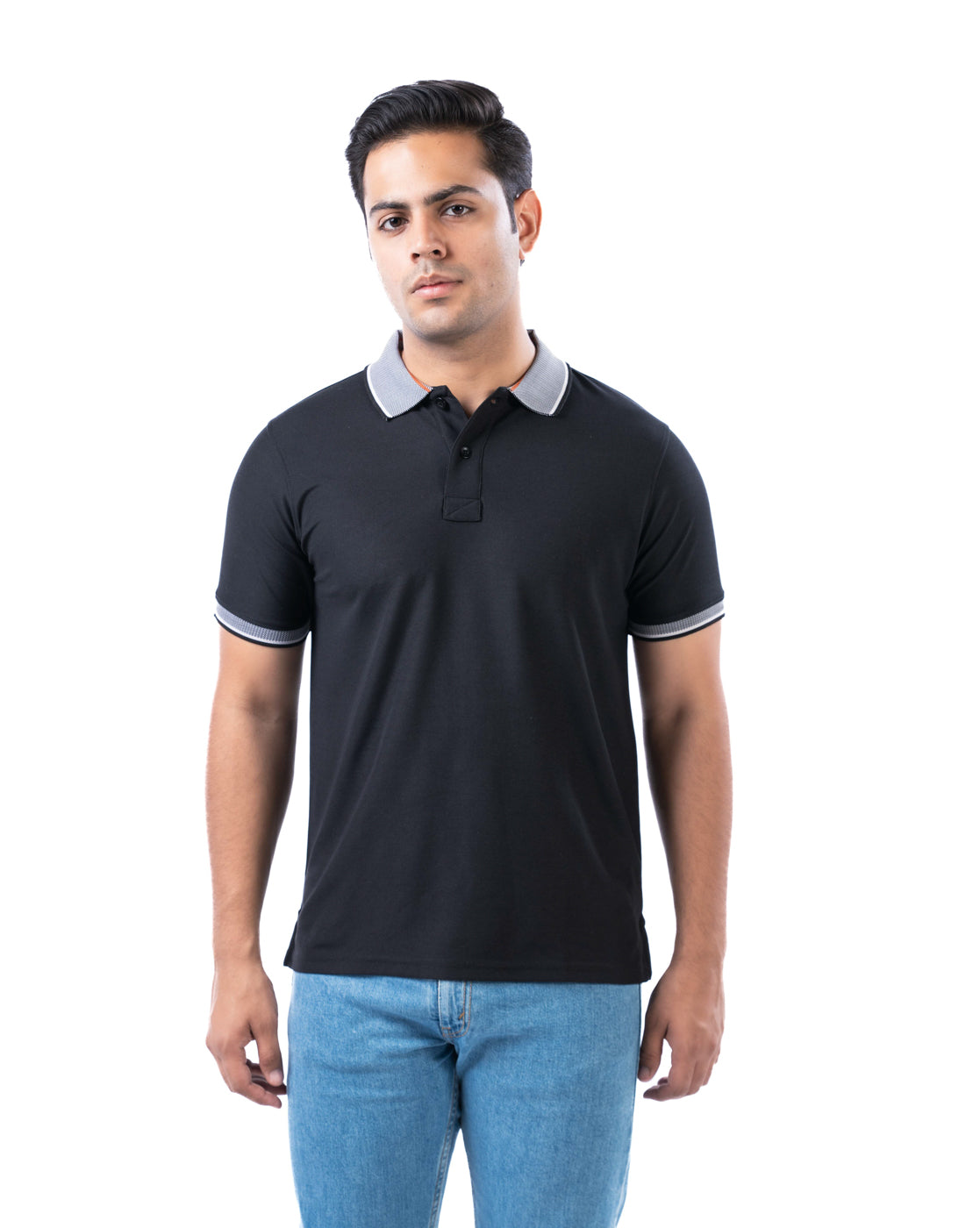 Men’s Black Polo T-Shirt – Self Design Stretch Polyester