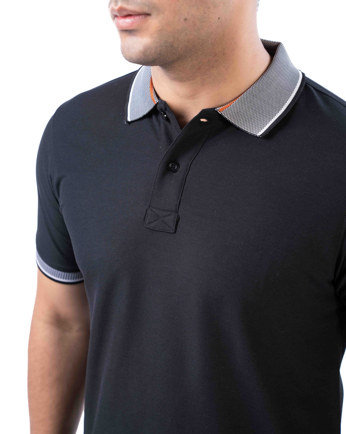 Men’s Black Polo T-Shirt – Self Design Stretch Polyester