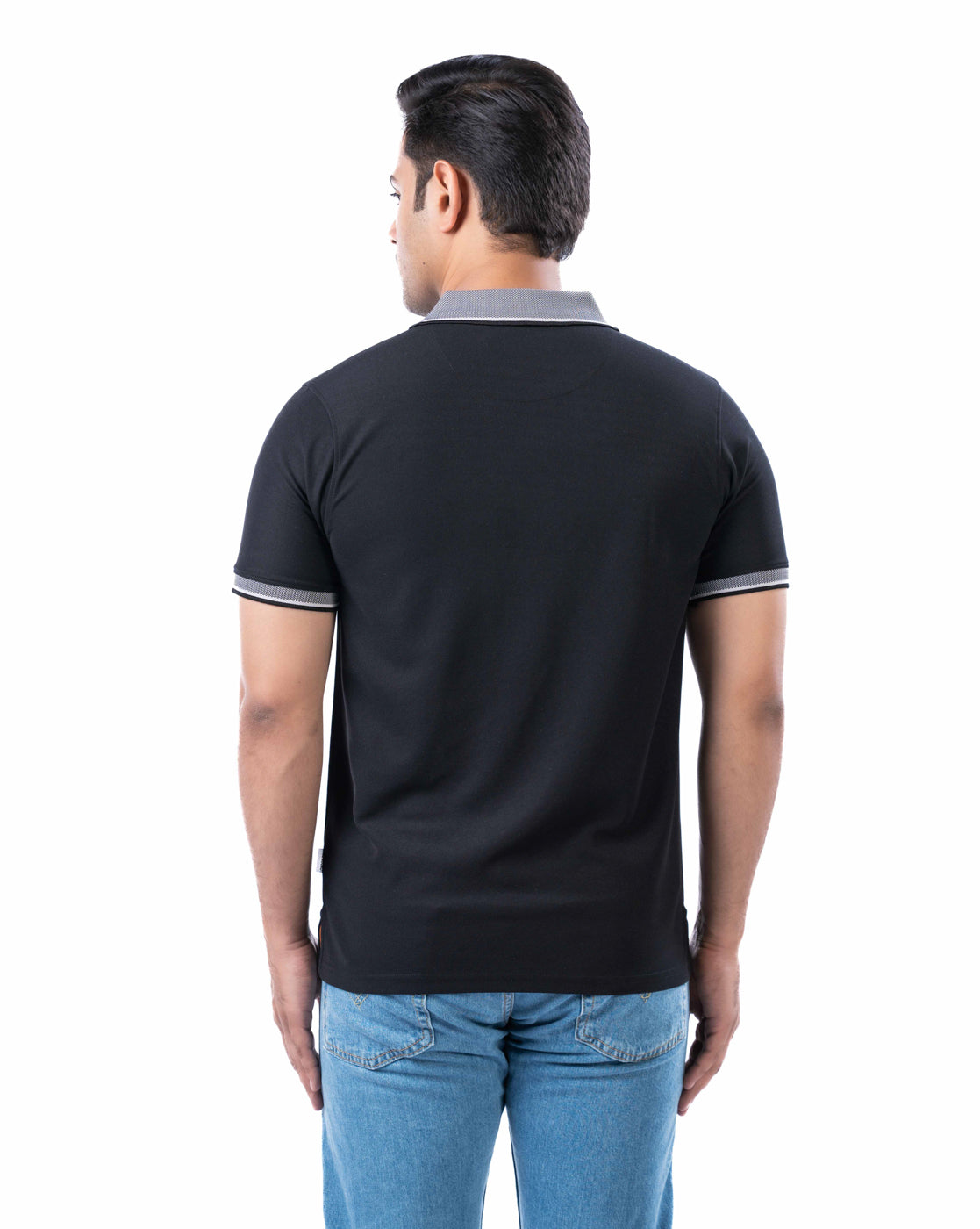 Men’s Black Polo T-Shirt – Self Design Stretch Polyester