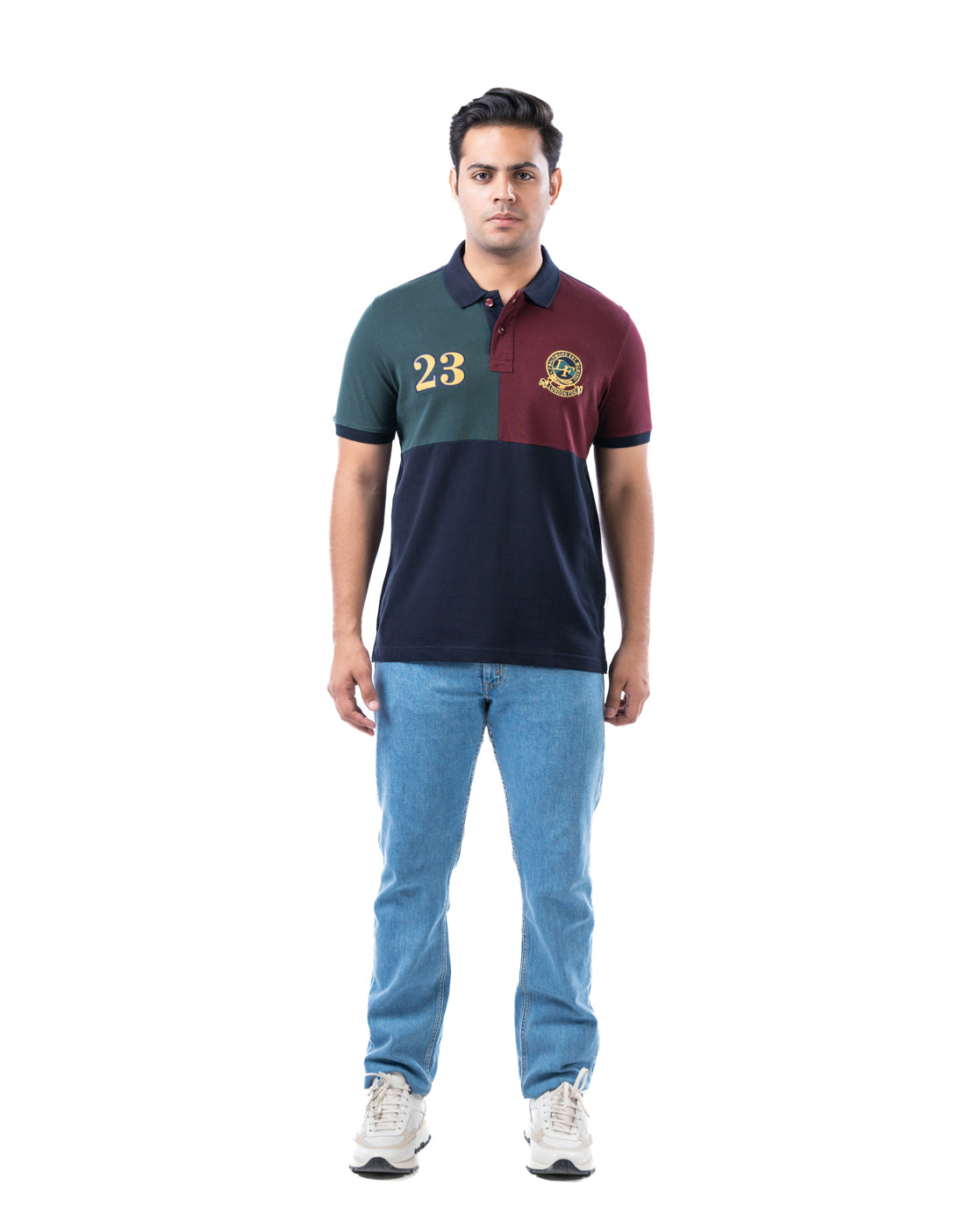 Navy Multi-Panel Cotton Polo T-Shirt for Men