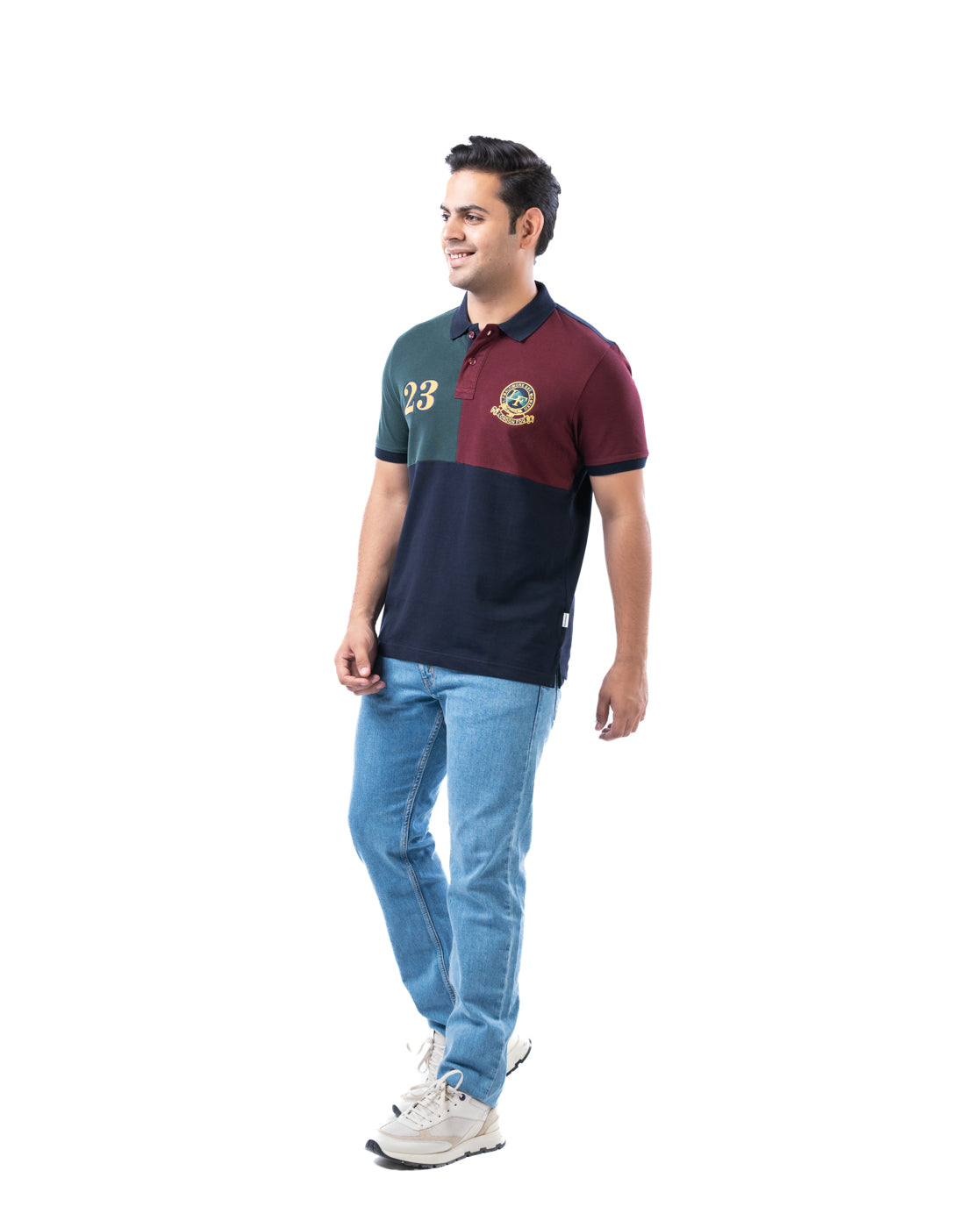 Navy Multi-Panel Cotton Polo T-Shirt for Men