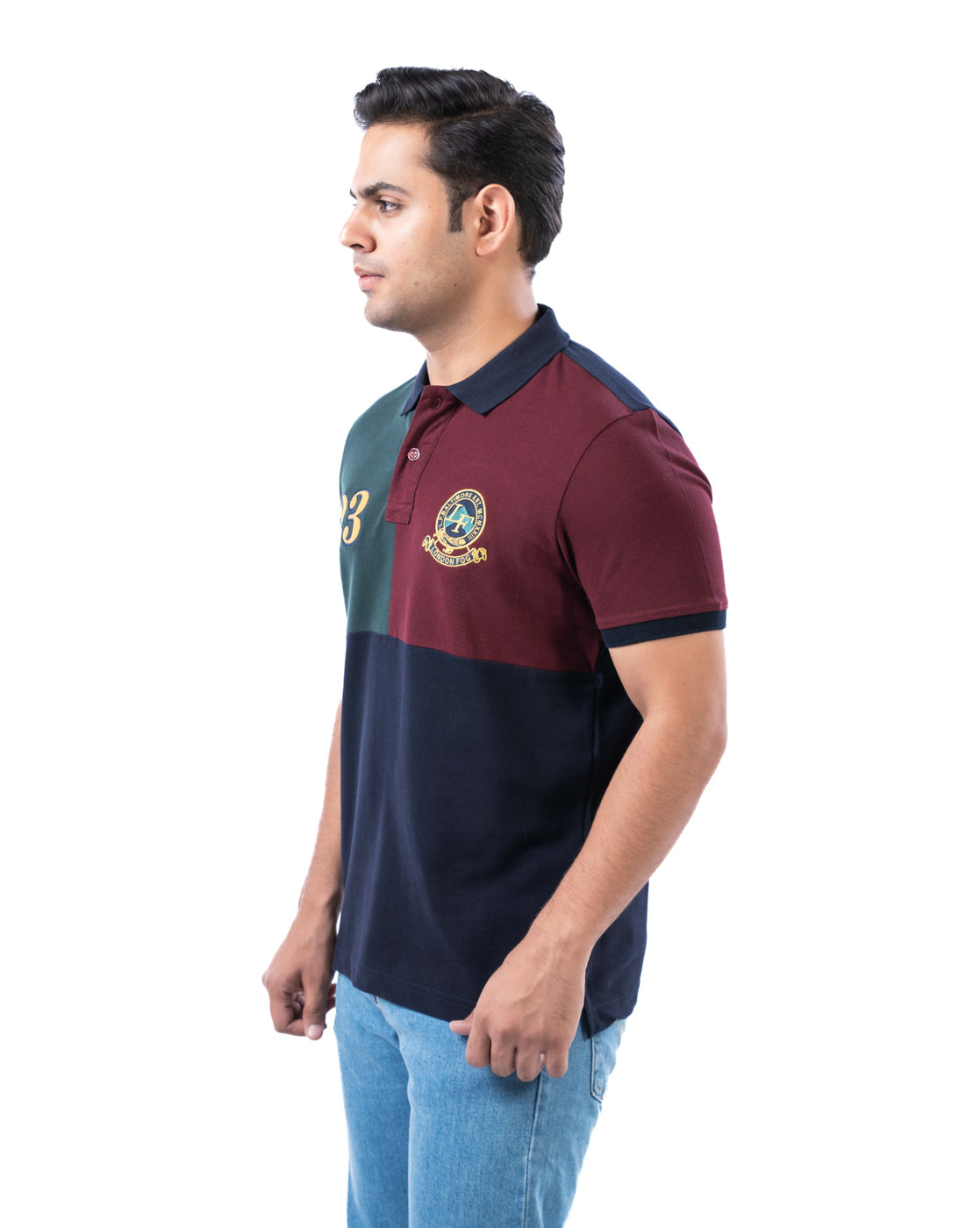 Navy Multi-Panel Cotton Polo T-Shirt for Men