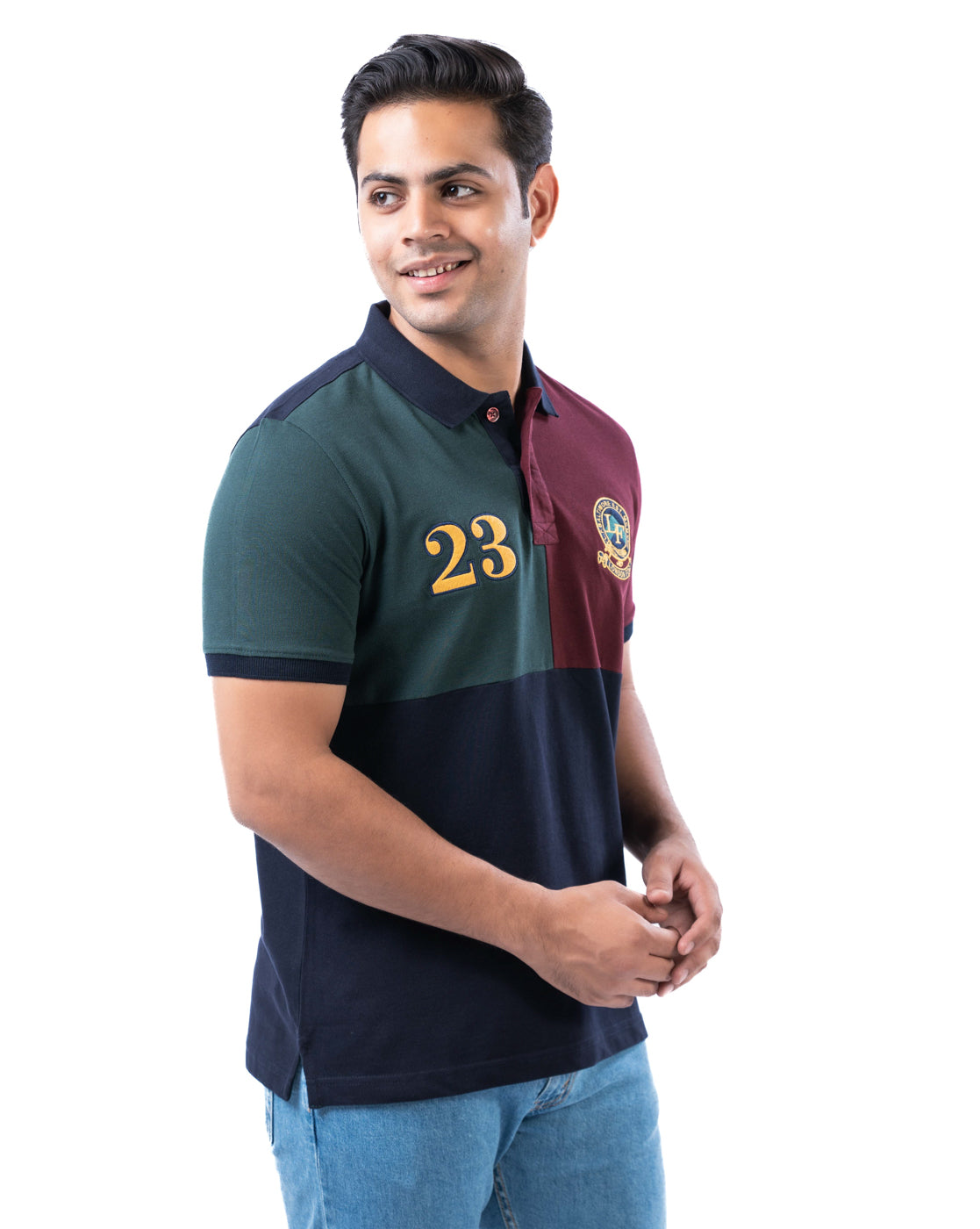 Navy Multi-Panel Cotton Polo T-Shirt for Men