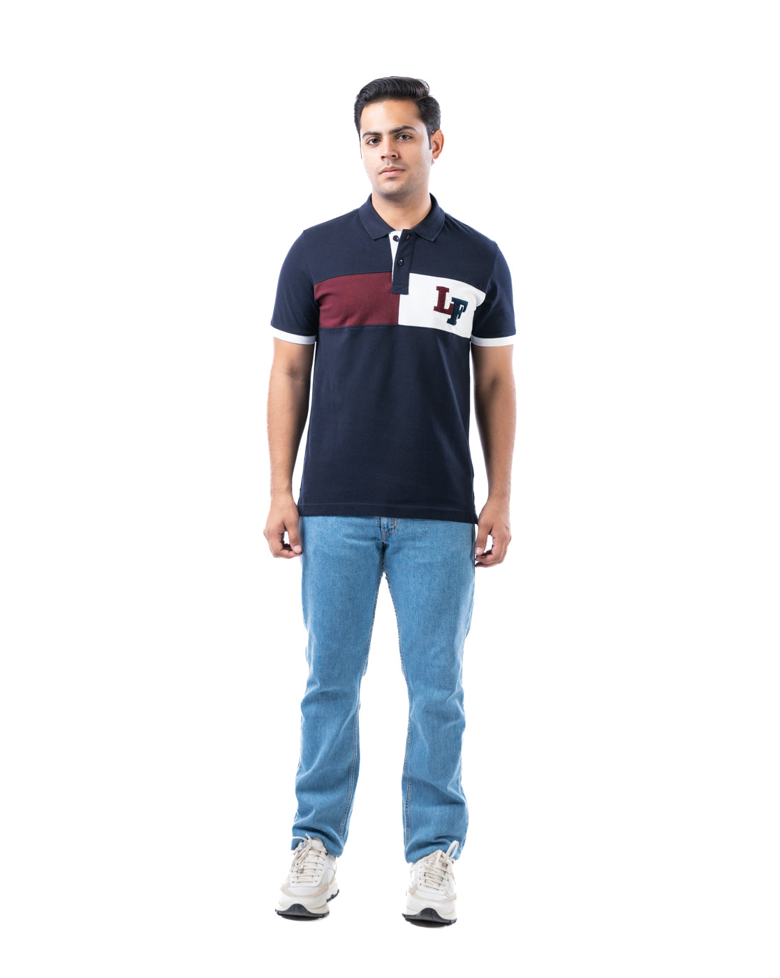 Men's Navy Cotton Polo T-Shirt with Multi-Panel Design