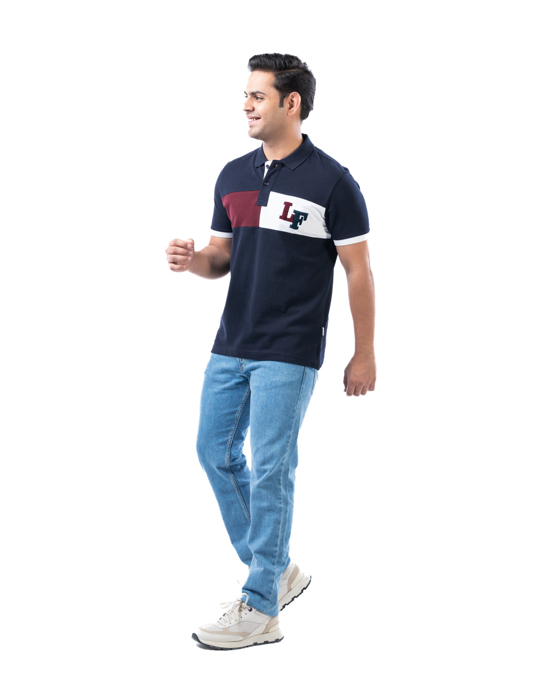 Men's Navy Cotton Polo T-Shirt with Multi-Panel Design