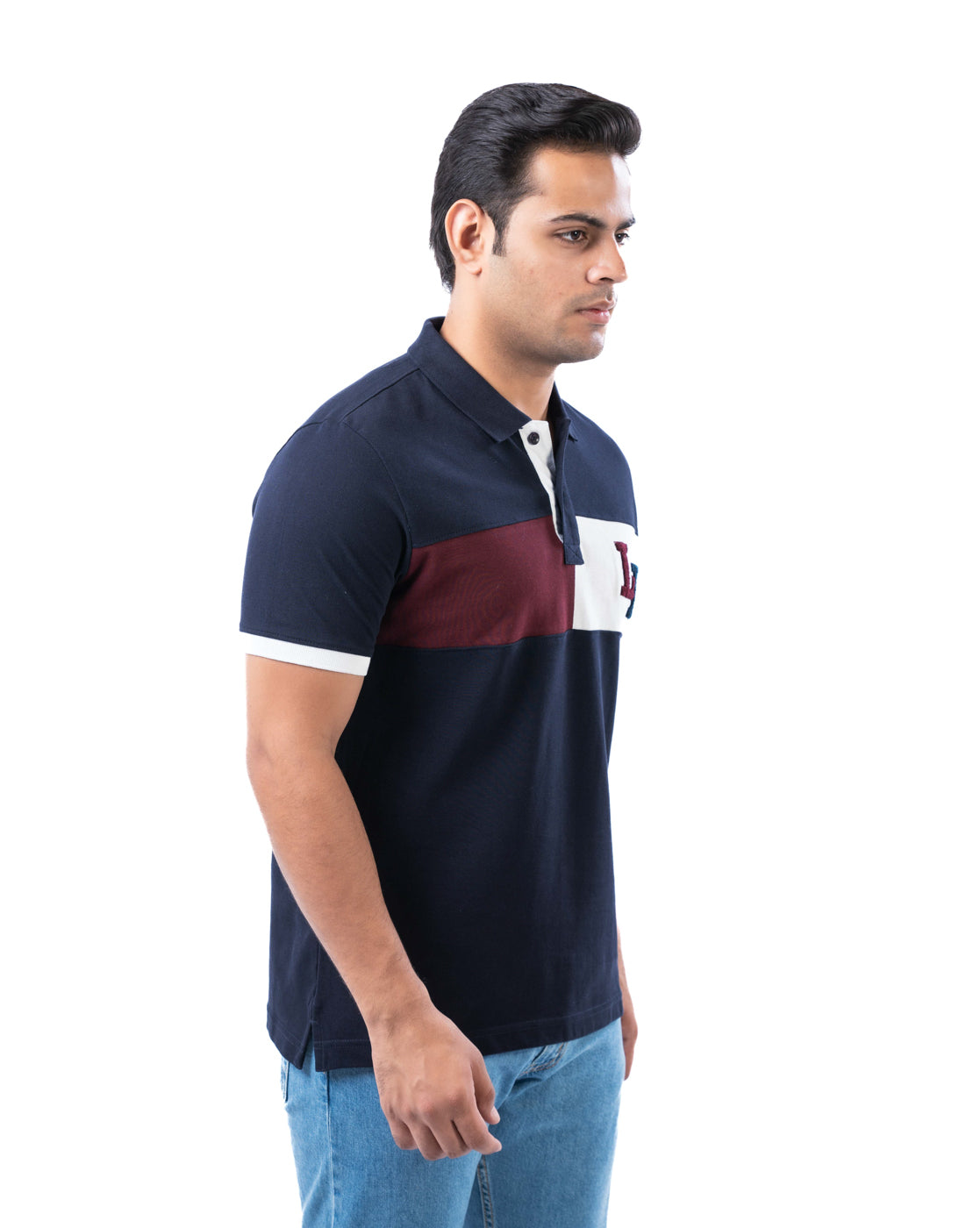 Men's Navy Cotton Polo T-Shirt with Multi-Panel Design