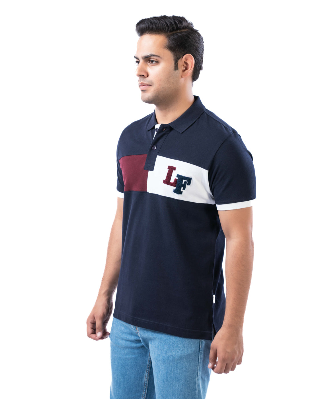 Men's Navy Cotton Polo T-Shirt with Multi-Panel Design