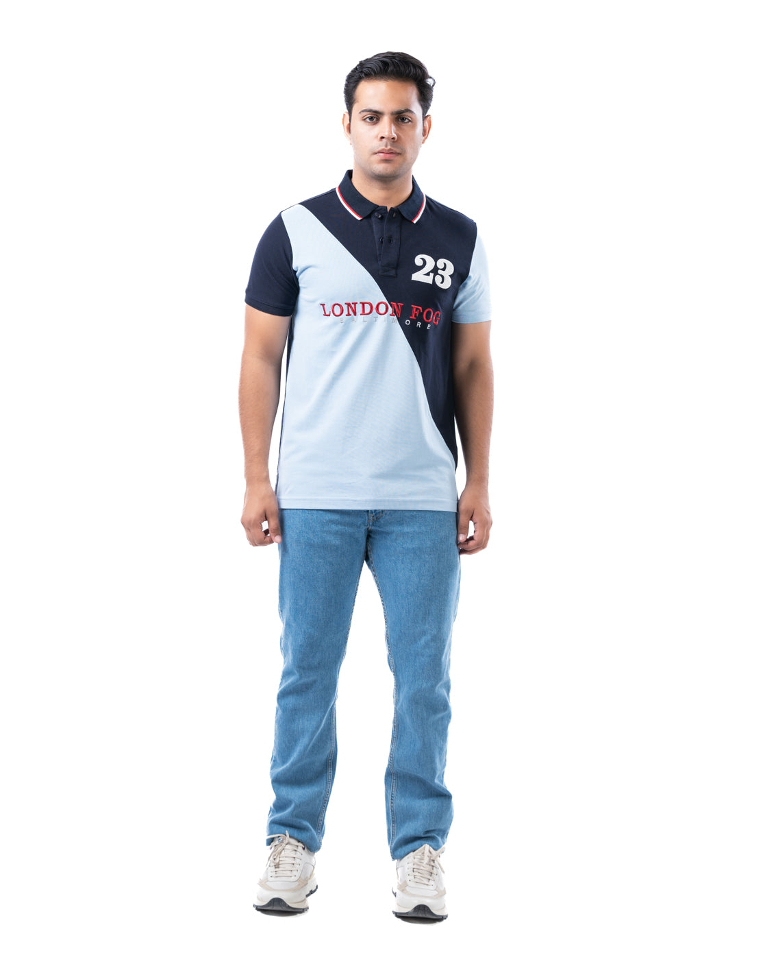 Men’s Aqua Polo T-Shirt – Diagonal Stripe & Tipping Detail