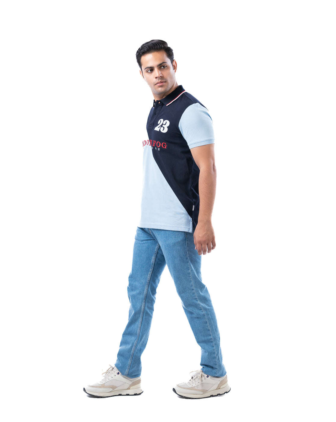 Men’s Aqua Polo T-Shirt – Diagonal Stripe & Tipping Detail